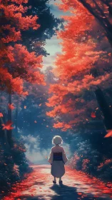 Child walks under blazing red autumn canopy toward light