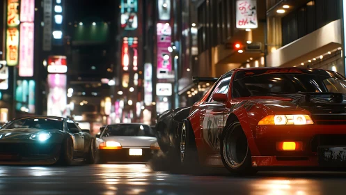 Nighttime urban drift sequence with tuned street racers.