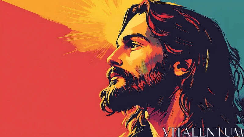 Vibrant haloed portrait of bearded man in profile.