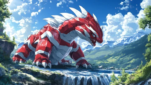 Red armored reptilian creature by mountain waterfall landscape.