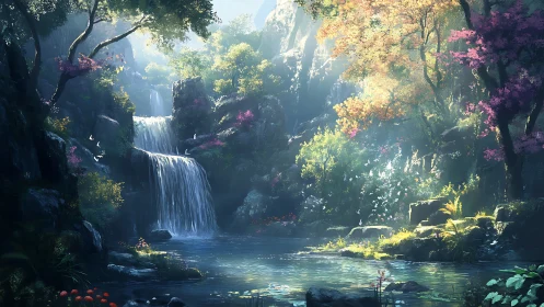 Cascading Waterfall Through Enchanted Forest Gorge with Blooming Vegetation.