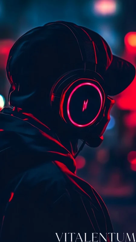 Hooded gamer silhouette wears neon headset in urban night