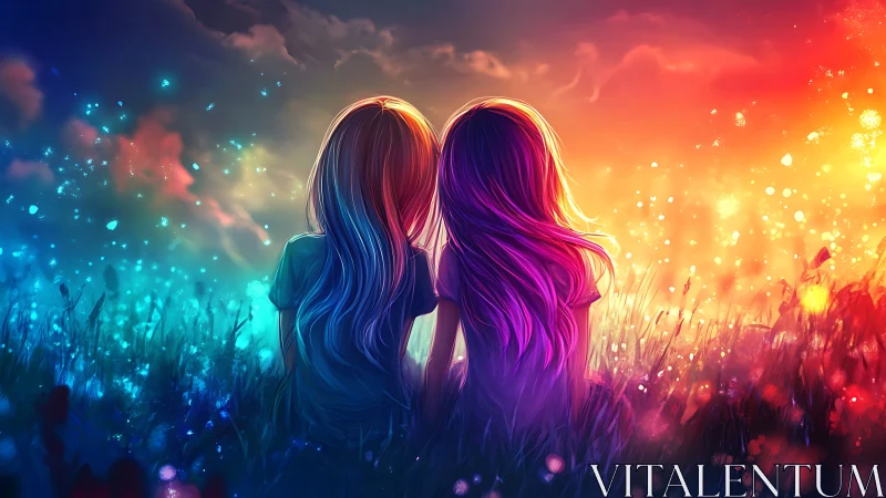 Two silhouetted figures amid luminous particles transitioning through chromatic spectrum