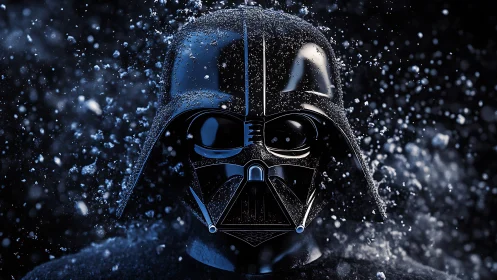 Highly polished black helmet rendered with explosive particle burst