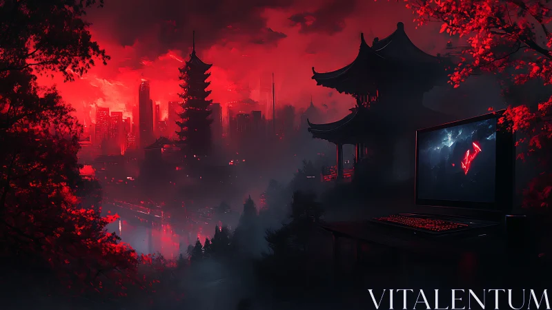 Cyberpunk pagoda skyline with gaming workstation, red fog