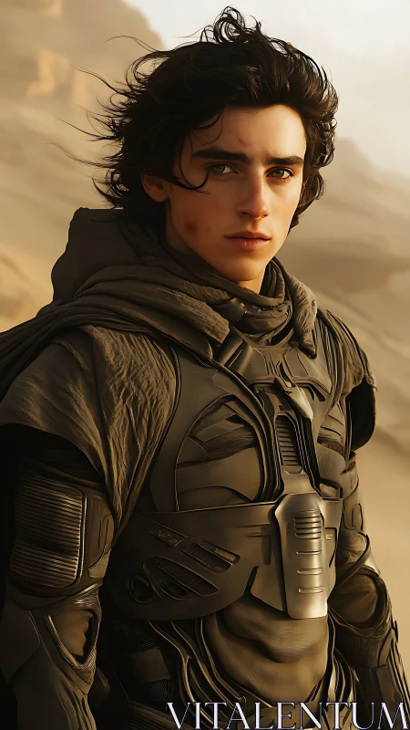 Young warrior in armored suit stands wary in desert wind
