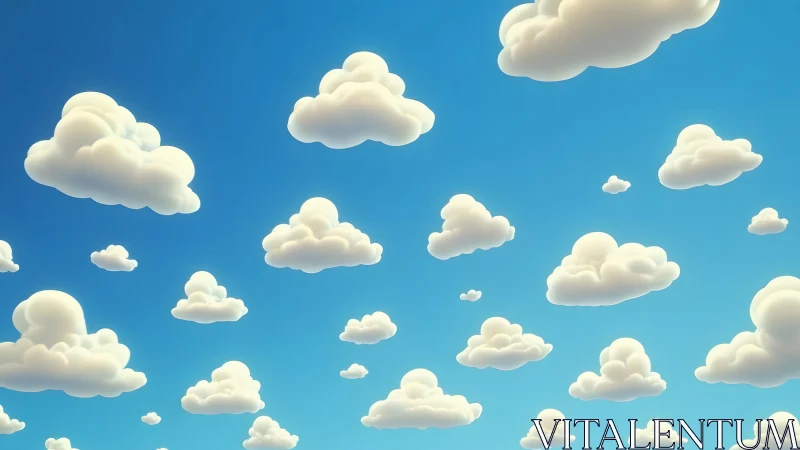 Cartoon fluffy clouds floating in a bright blue sky, digital art.
