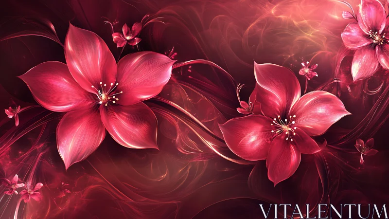 Glowing Red Flowers Digital Art. Abstract Floral Design.
