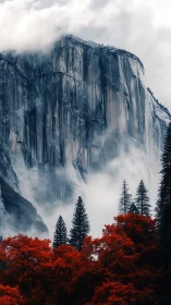 Crimson forest resting beneath a misty granite giant.