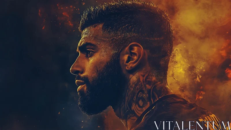 Tattooed footballer profile amid fiery abstract smoke.