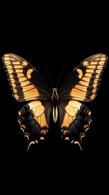 Golden swallowtail butterfly spreads luminous wings in dark.