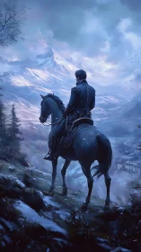 Lone rider observing snowy mountain valley at dusk.