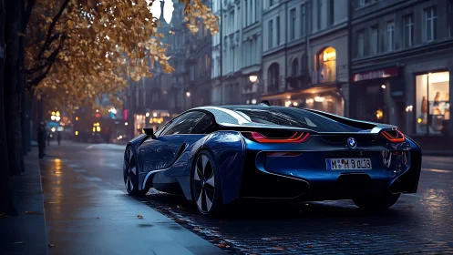 Futuristic blue sports car glides through a rainy city street