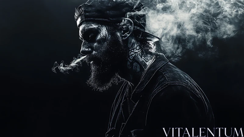 Moody side-lit smoker dissolves into swirling shadows and smoke.