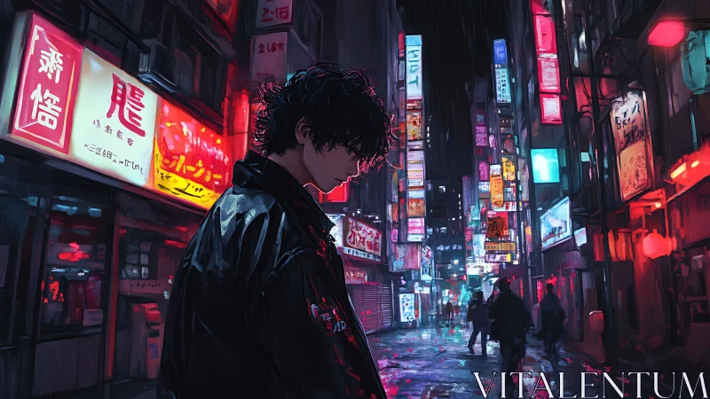 Solitary figure in neon lit urban alley at night. Period.