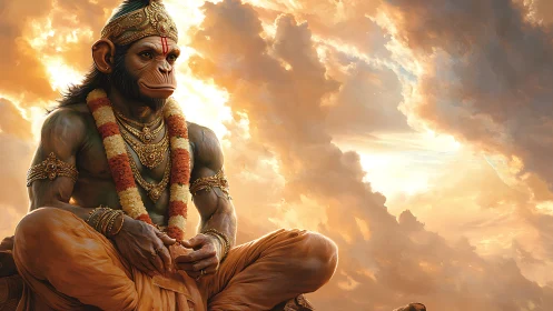 Divine simian warrior in saffron robes amid radiant clouds.
