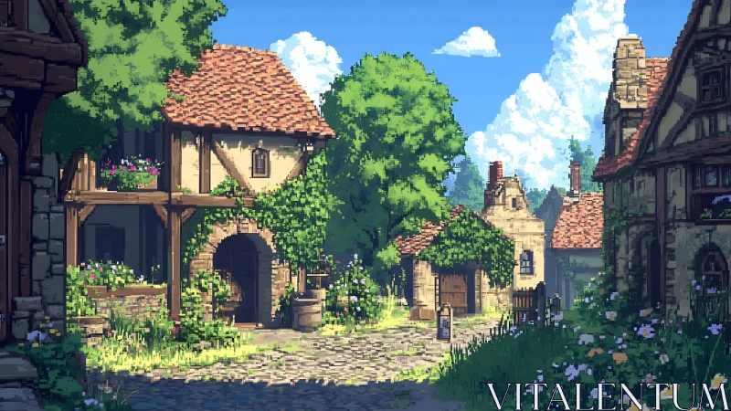 Sunlit pixel village lane glows with rustic summer charm