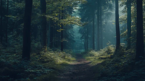 Misty forest pathway through dense woodland canopy.