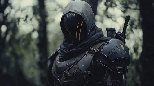 Armored hooded figure in forest with reflective visor.