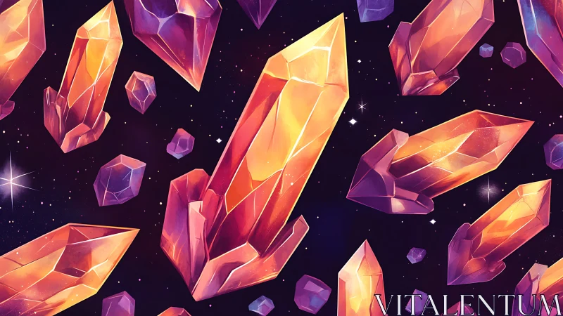 Iridescent crystal shards drift across a cosmic gradient field