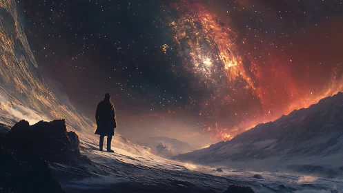 Solitary wanderer beneath a blazing cosmic aurora sky.