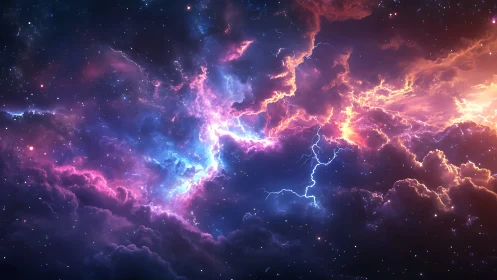 Starlit stormforge where neon lightning sculpts cosmic cloudwalls.