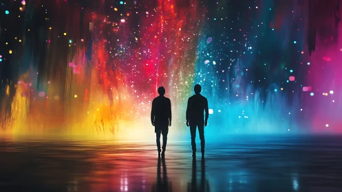 Two wanderers meet beneath a cascading nebula of color.