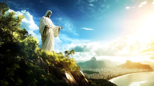 Christ monument overlooks sunlit Rio coastline and distant bay
