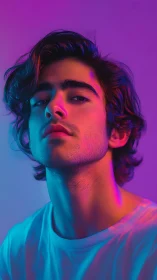 Confident young man in bold neon purple and blue lighting.