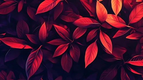 Crimson tropical leaves glow against deep violet shadows