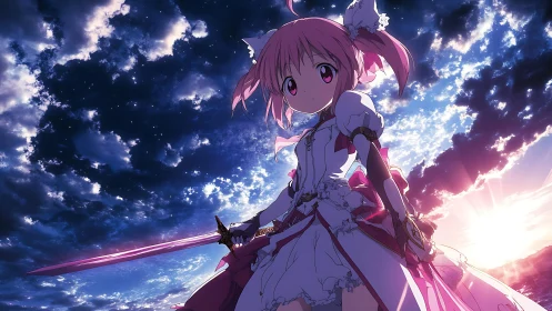Pink haired anime girl holding sword under dramatic sky.