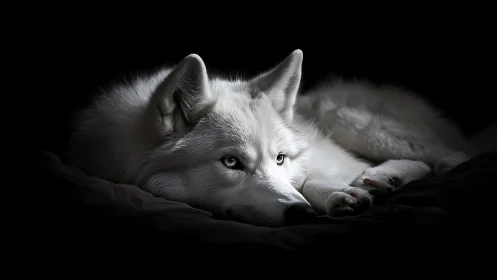 White wolf rests in dramatic low-key shadow and light.