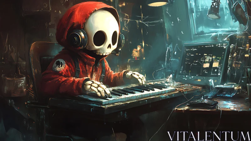 Skeletal figure at keyboard workstation in dim studio.