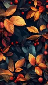 Autumn foliage pattern with berries on deep midnight blue background.