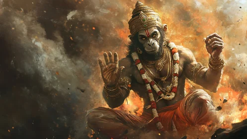 Divine warrior monkey sits in swirling smoke and fire