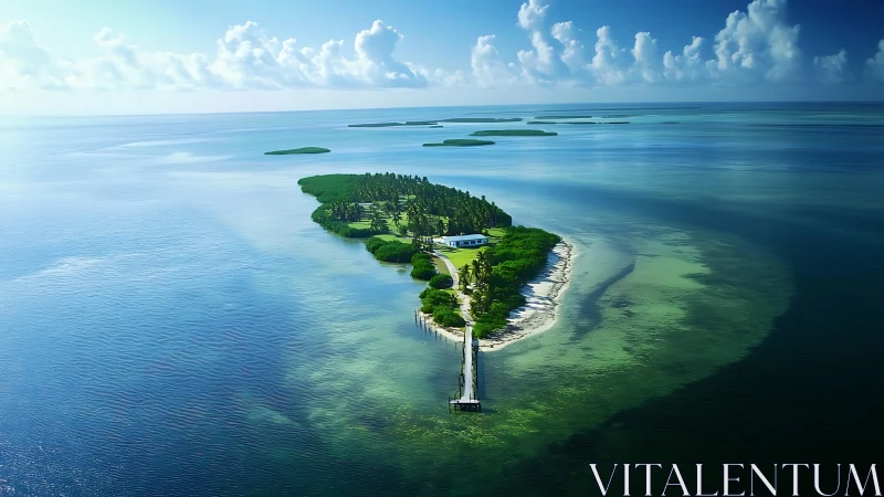 Verdant Peninsular Island with Architectural Structure and Coastal Morphology.