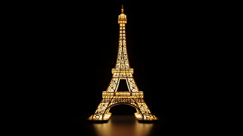 Illuminated Eiffel Tower model on black background.