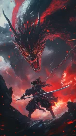 Lone warrior confronts a blazing shadow dragon in swirling fire.