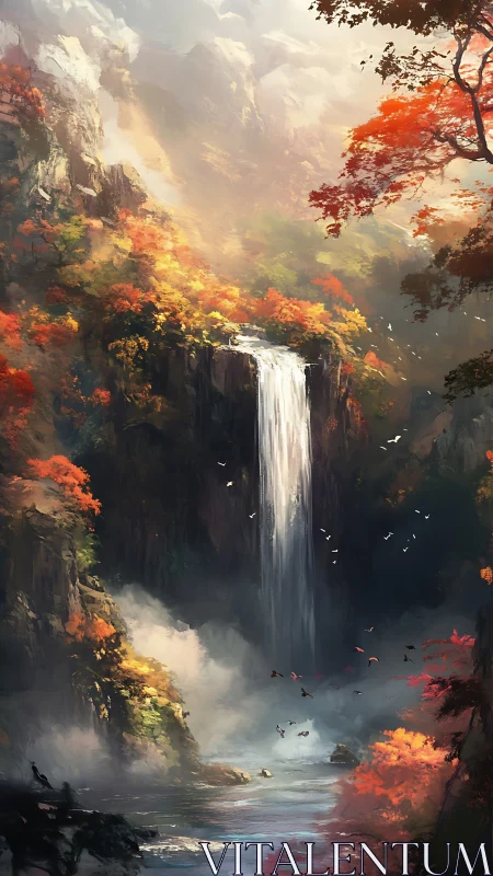 Autumn canyon waterfall glows through rising mist and light.