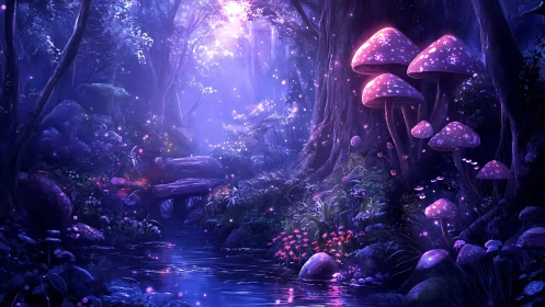 Mystical Forest Sanctuary: Luminescent Mushrooms and Enchanted Stream