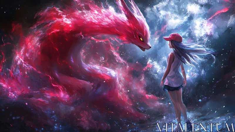 Cosmic fox spirit confronts determined girl in swirling nebula.