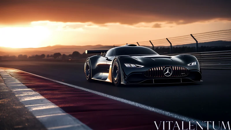 Mercedes hypercar on sunset racetrack with dramatic lighting.