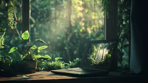 Laptop by sunlit window blurs digital workspace and nature