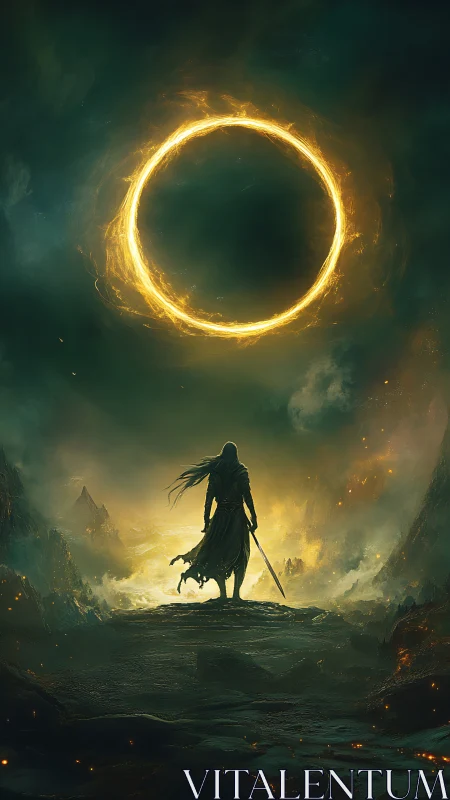 Lone swordsman under incandescent arcane eclipse halo field.