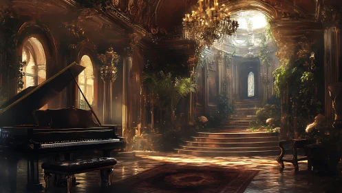 Sunlit grand piano dreaming in a lush, overgrown palace.