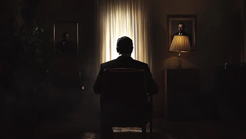 Solitary man sits before glowing curtain in moody study