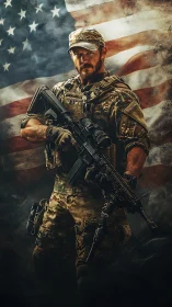 Battle-ready soldier posed before textured US flag backdrop.