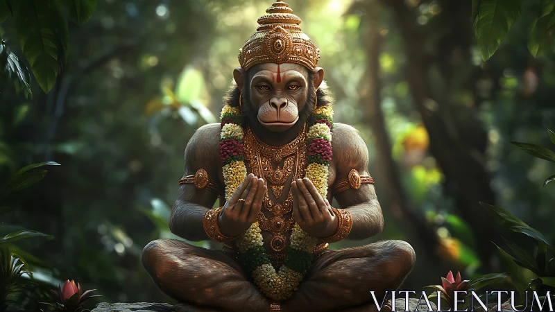 Serene monkey deity in golden garlands of jungle light.