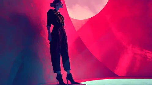 Neon-lit silhouette strides through sculpted pink horizon.