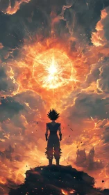 Silhouetted warrior observes massive fiery explosion overhead